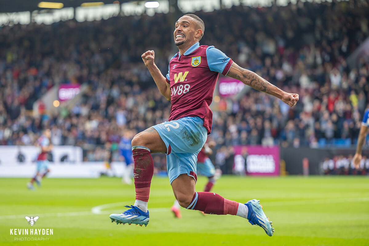 Burnley's Vitinho celebrates after Wilson Odobert scored against Chelsea at Turf Moor, Burnley. Photo by Kevin Hayden.