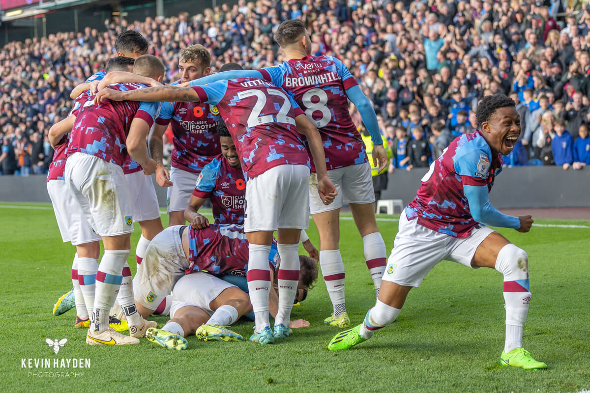 Burnley's Nathan Tellar celebrates Anass Zaroury's goal against Blackburn Rovers at Turf Moor, Burnley. Photo by Kevin Hayden.