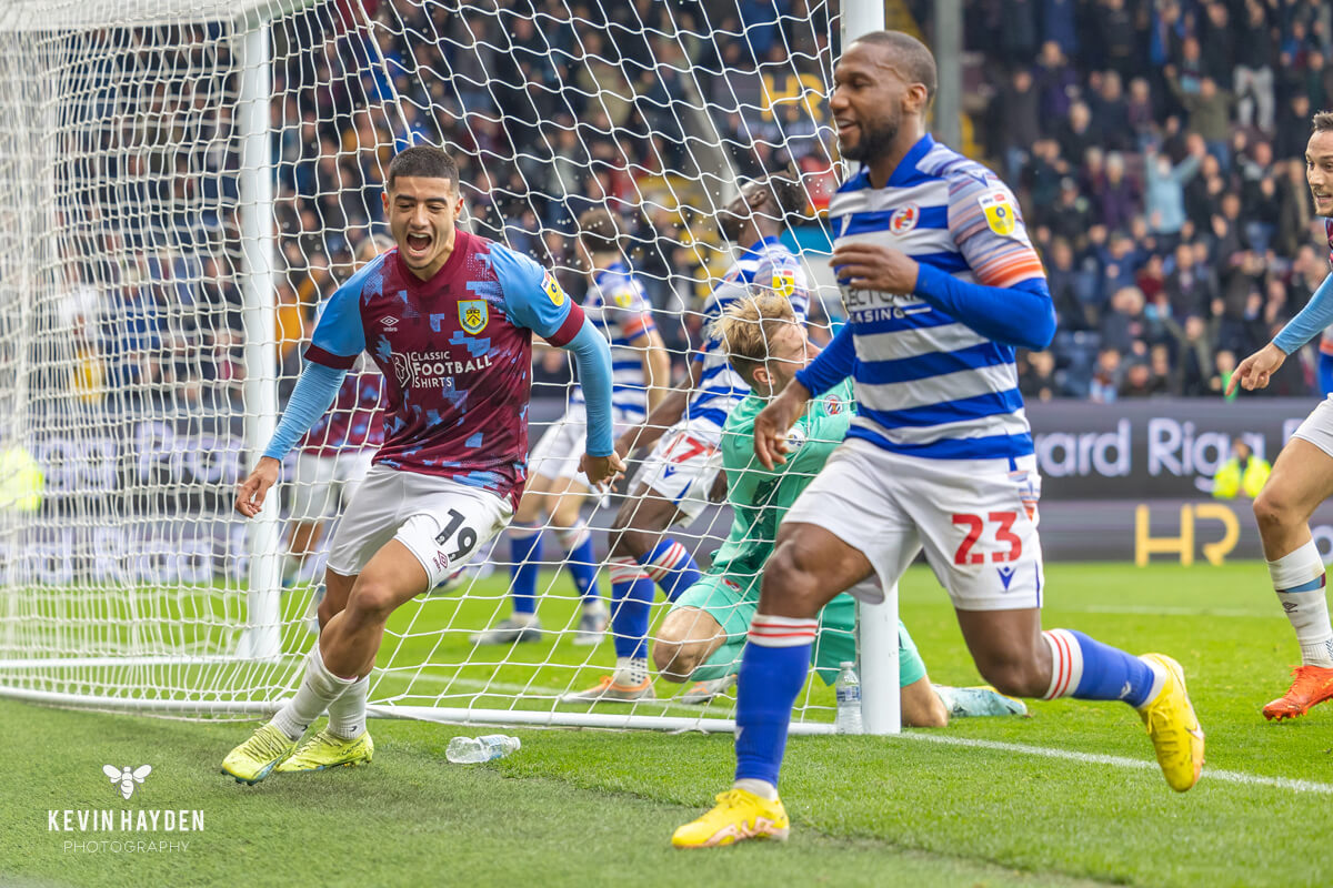 Burnley's Anass Zaroury celebrates his 94 minute winner against Reading in an EFL Championship game at Turf Moor, Burnley. Photo by Kevin Hayden.